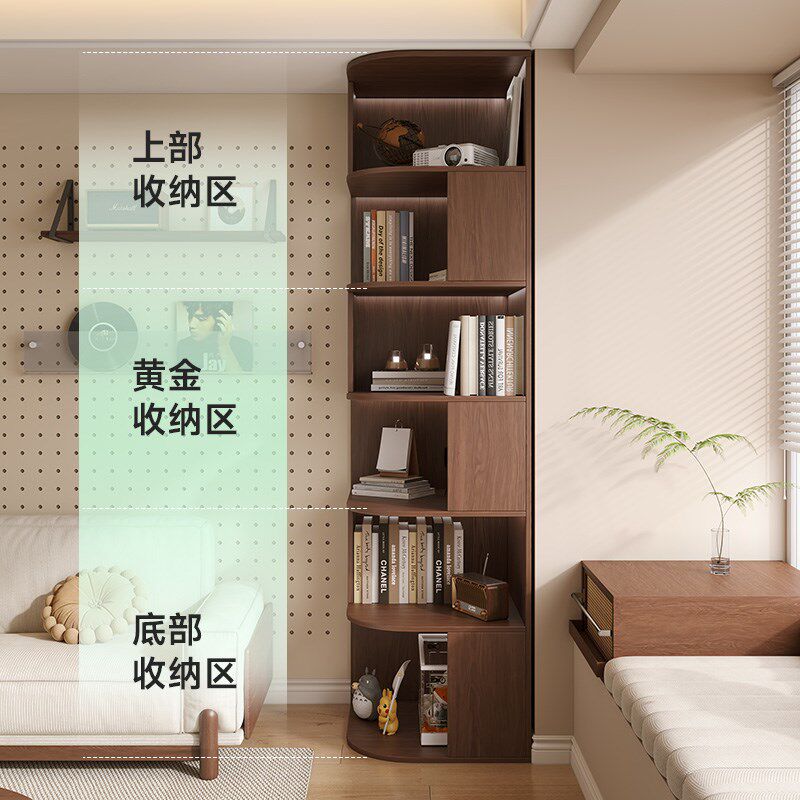 定制全实木书柜橡木圆弧转角收纳柜深胡桃客厅到顶墙角置物书架