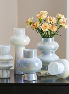 奶油中古玻璃花瓶珍珠白色高级感插鲜花器简约桌面摆件居家装饰品