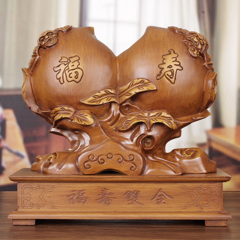 实木雕福寿仙桃摆件木质蟠桃老人生日贺寿礼品中式家居手工艺摆件