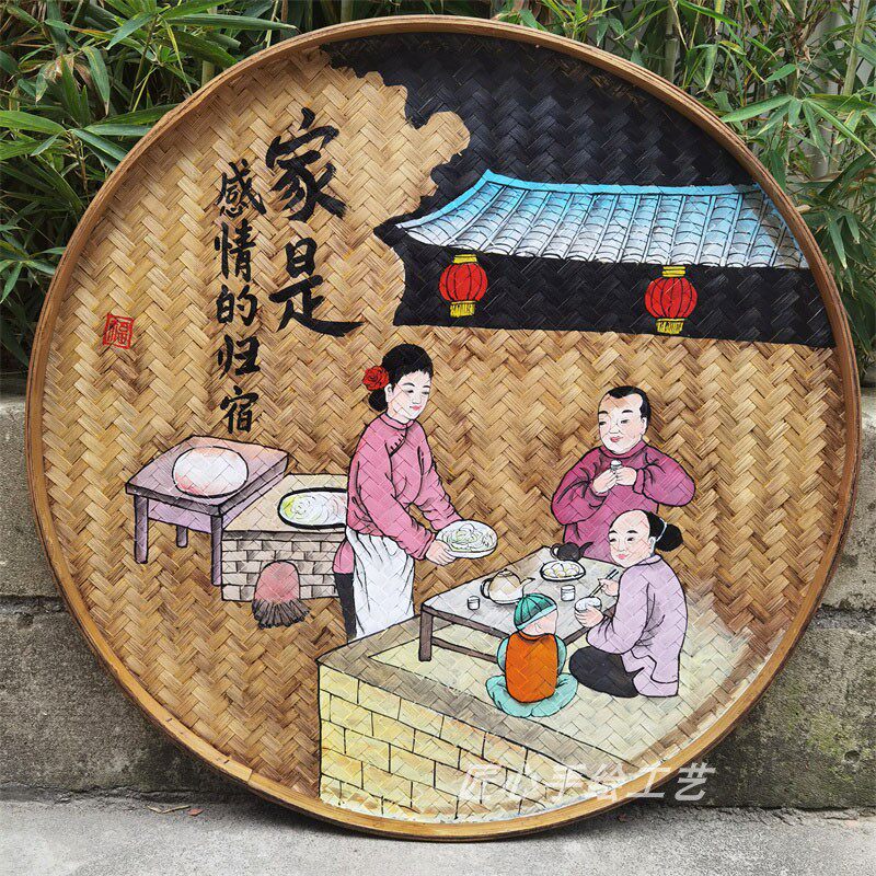 手绘簸箕画复古怀旧餐馆包间挂饰农家乐装饰品竹编田园壁画墙装饰