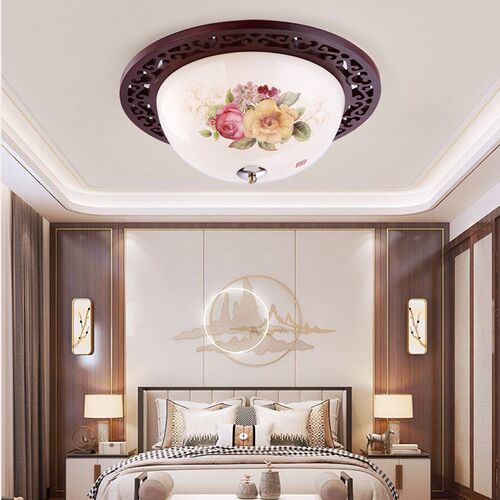 中式实木卧室吸顶灯景德镇陶瓷超薄圆形大气吊灯书房阳台LED灯具