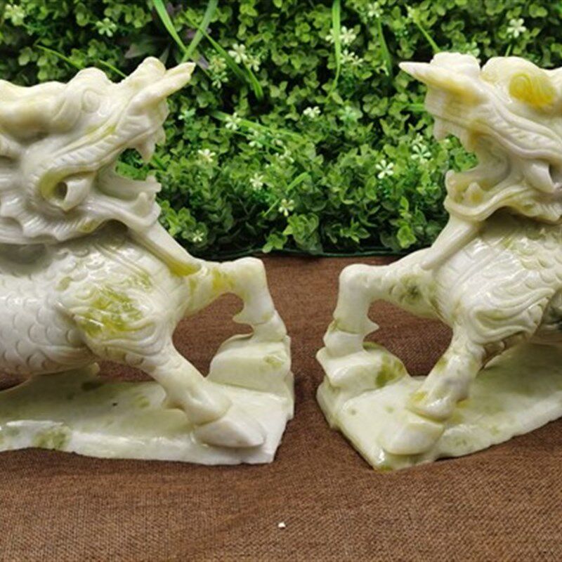 天然蓝田玉岫玉麒麟摆件招财进宝玉石麒麟摆饰办公室开业礼品摆设