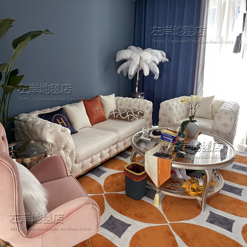 轻奢黄色桔色欧式美式地毯客厅茶几沙发卧室床边书房手工地毯定制