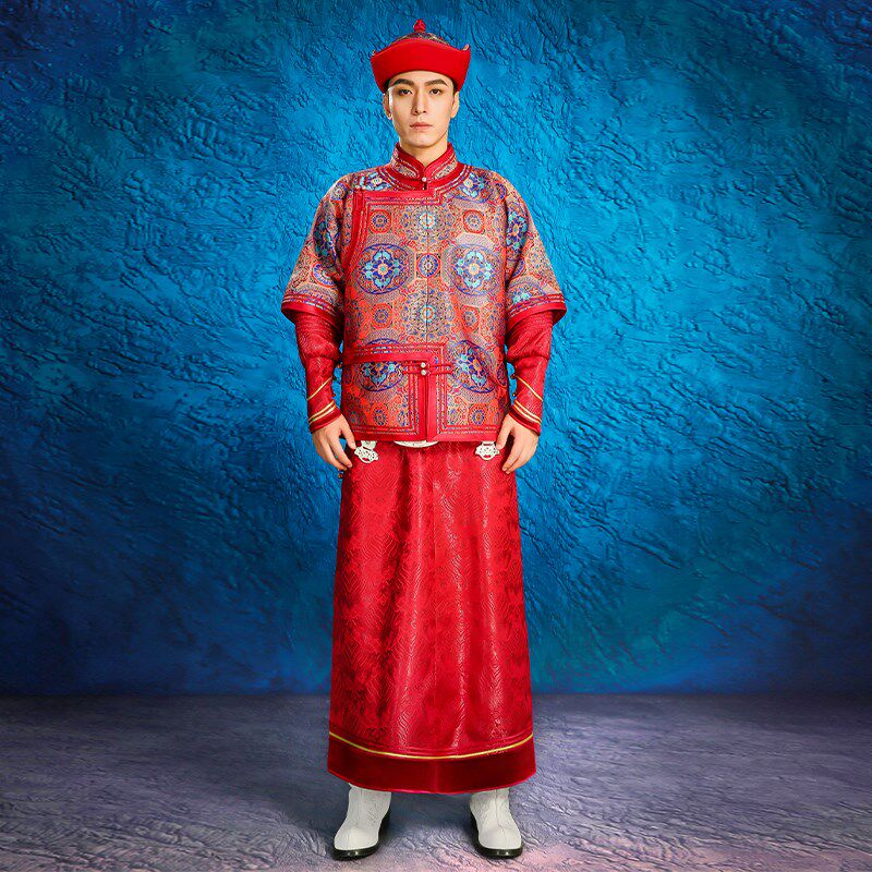 新款男士时尚拍照蒙古袍婚礼新郎伴郎父母敬酒舞蹈演出服红色长袍