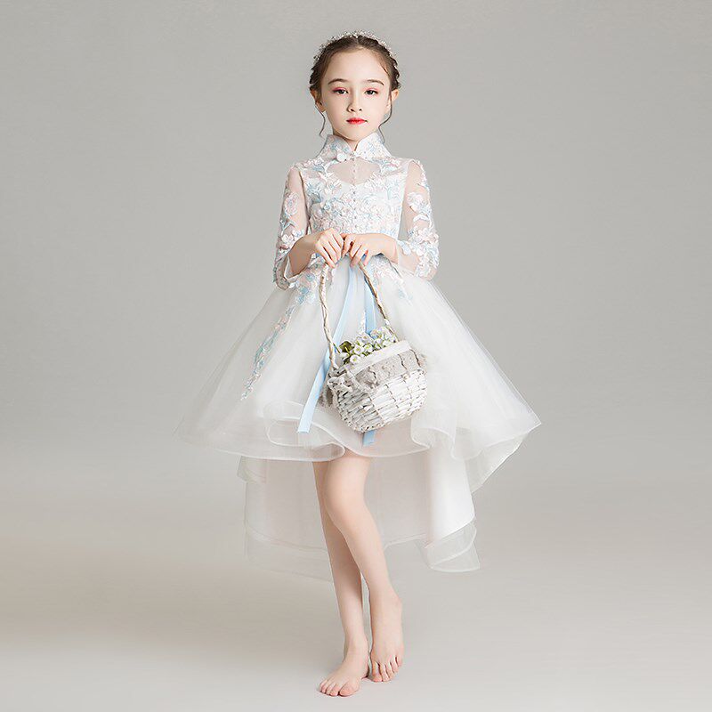 儿童婚纱小女孩花童晚礼服公主裙蓬蓬纱女童演出服白色长袖走秀秋