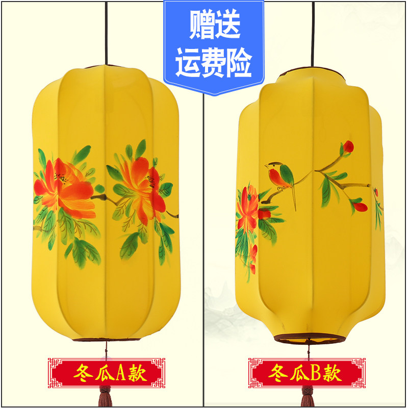 中式布艺手绘灯笼仿古典宫灯餐厅茶楼过道创意冬瓜长形布艺吊灯具