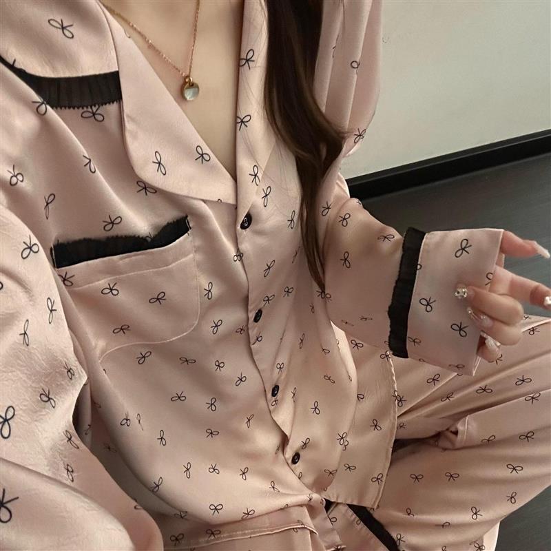 【真丝】睡衣女秋冬2025年新款粉色甜美蝴蝶结蕾丝家居服两件套装