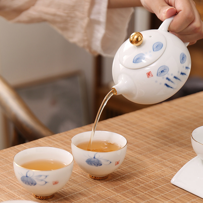 闽创 功夫茶杯套装手绘陶瓷斗笠品茗6只装10白瓷青花瓷小茶碗茶具