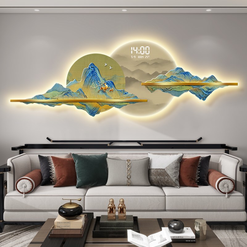 千里江山图客厅挂画电子显示时钟新中式沙发背景墙装饰画钟表壁画