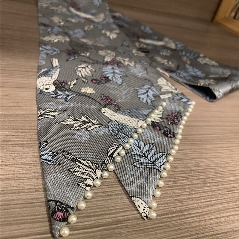 花鸟集 手工钉珠双层粗斜纹真丝丝巾 桑蚕丝领带巾14010
