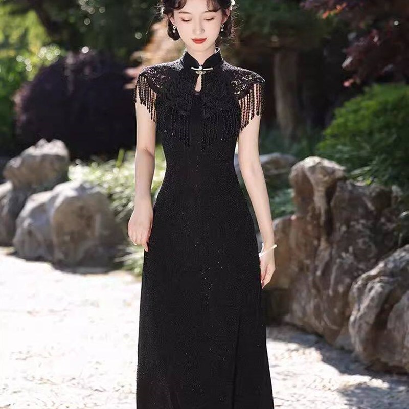 重工披肩中式黑色蕾丝珍珠流苏云肩古风夏季搭旗袍汉服连衣裙假领