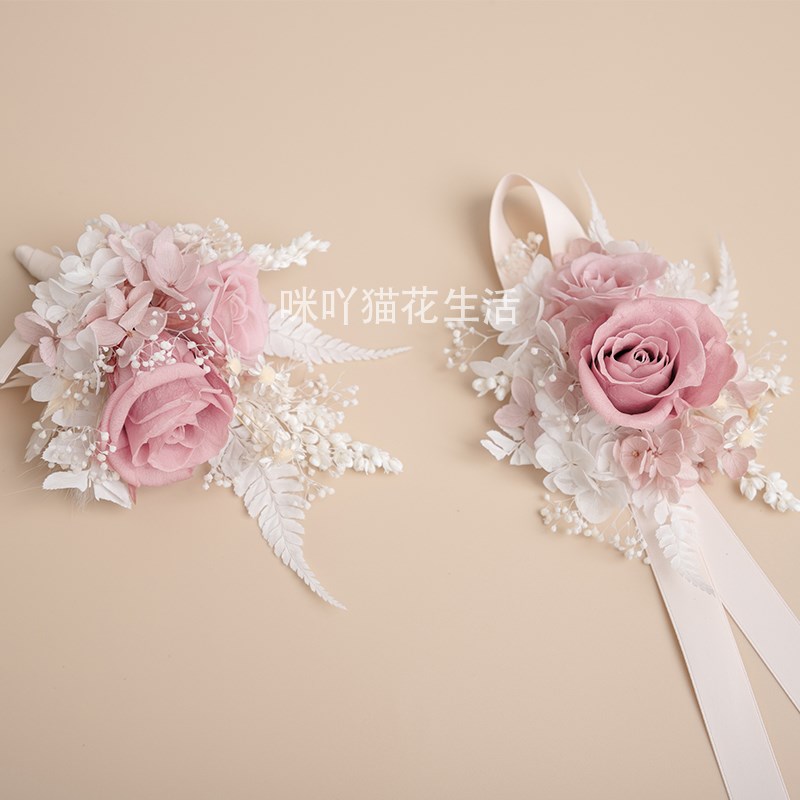 超仙裸粉紫新娘伴娘手腕花 玫瑰真花高级胸花 新郎伴郎结婚襟花