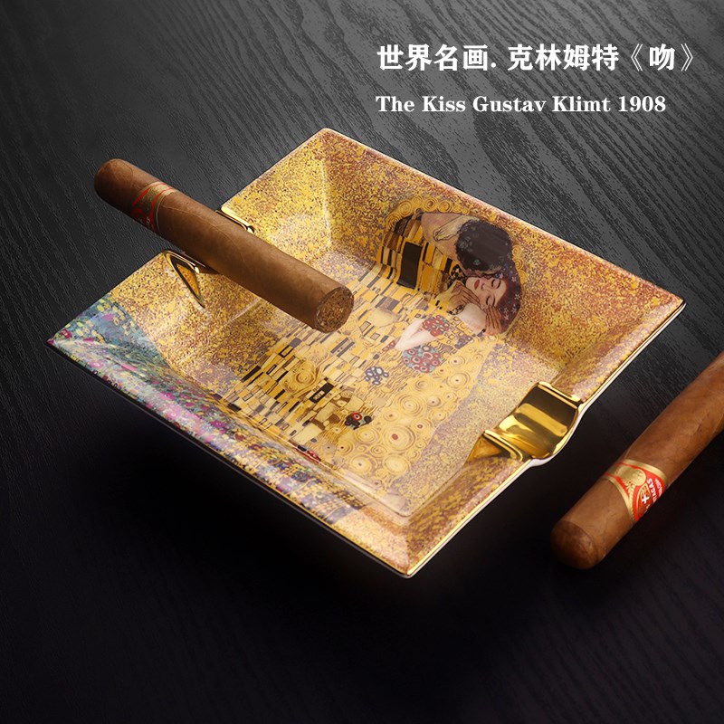 欧式骨瓷雪茄烟灰缸复古创意个性家居陶瓷烟碟装饰礼品世界名画吻