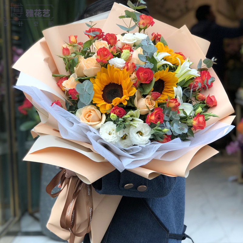 杭州鲜花速递同城向日葵玫瑰花混搭花束男士生日商务订鲜花送上门