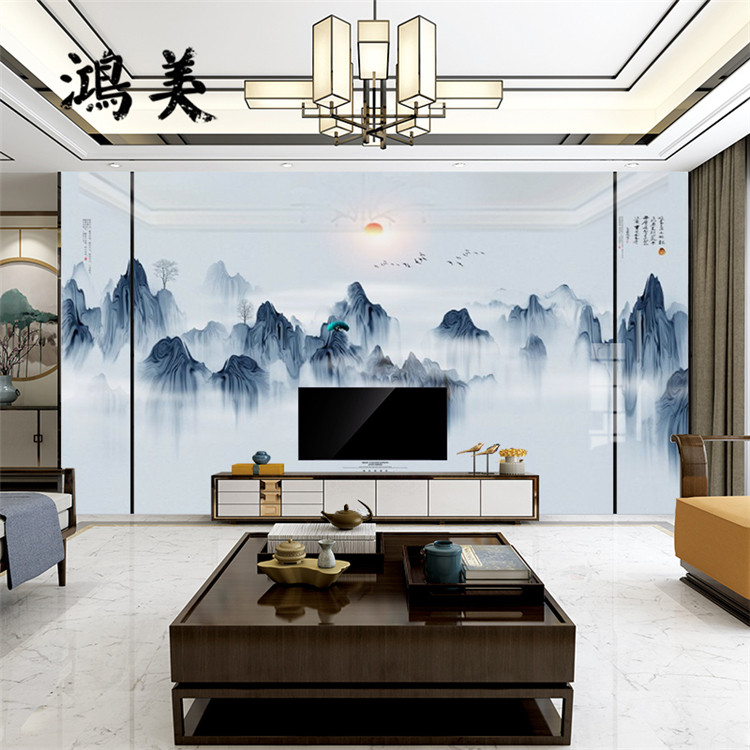 新中式岩板电视背景墙山水墨客厅大板轻奢简约现代背景墙微晶背景