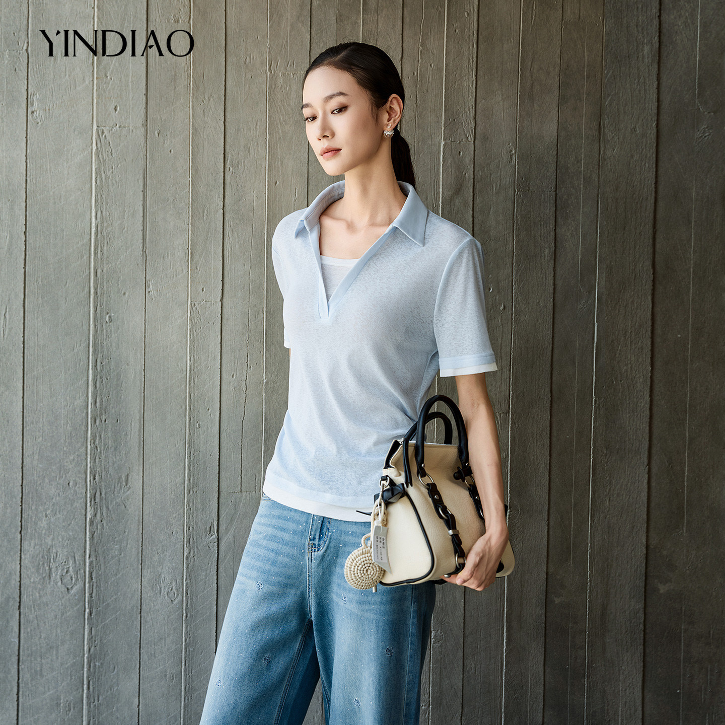 YINDIAO引调翻领拼色短袖小衫