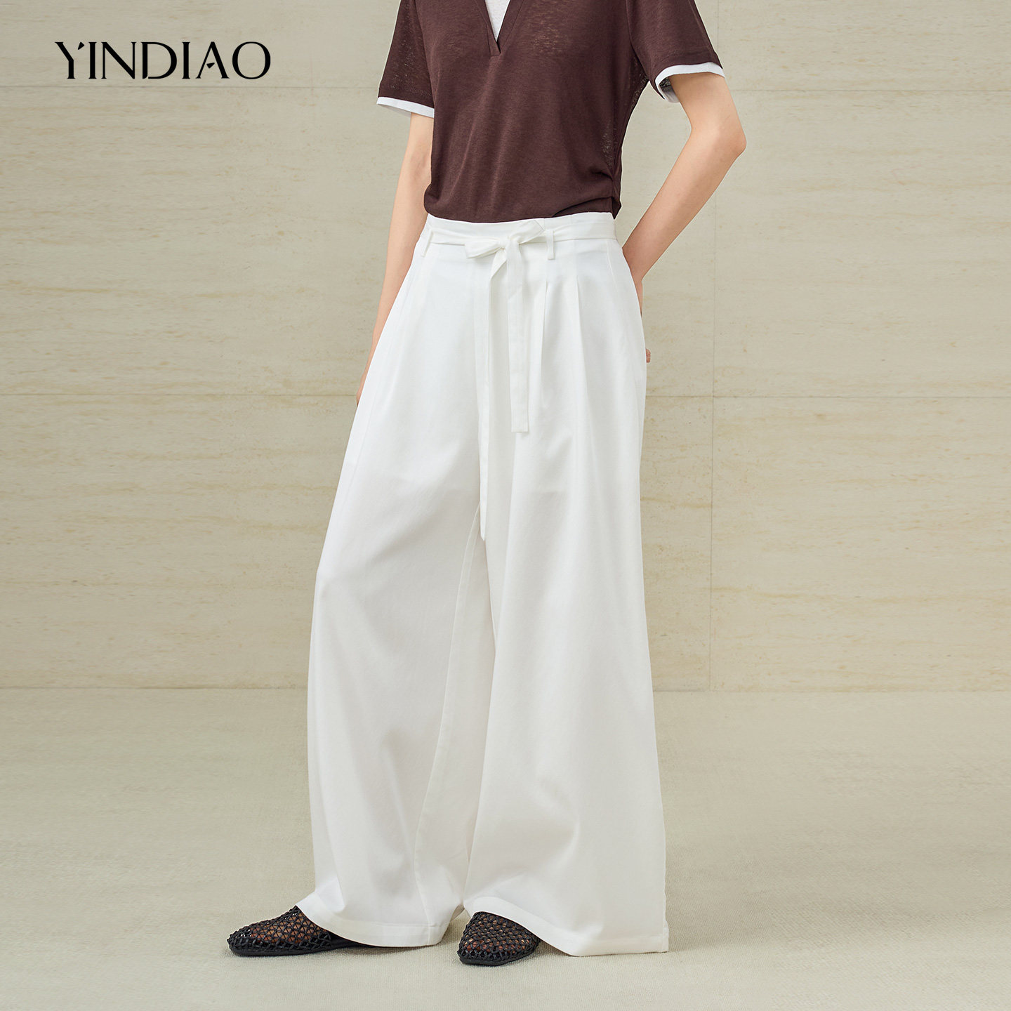 YINDIAO引调系带后松紧腰阔腿裤