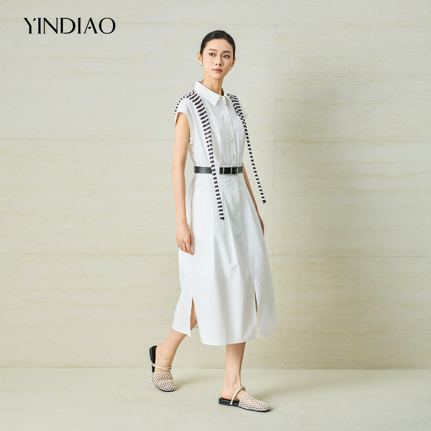 YINDIAO引调条纹披肩长款连衣裙
