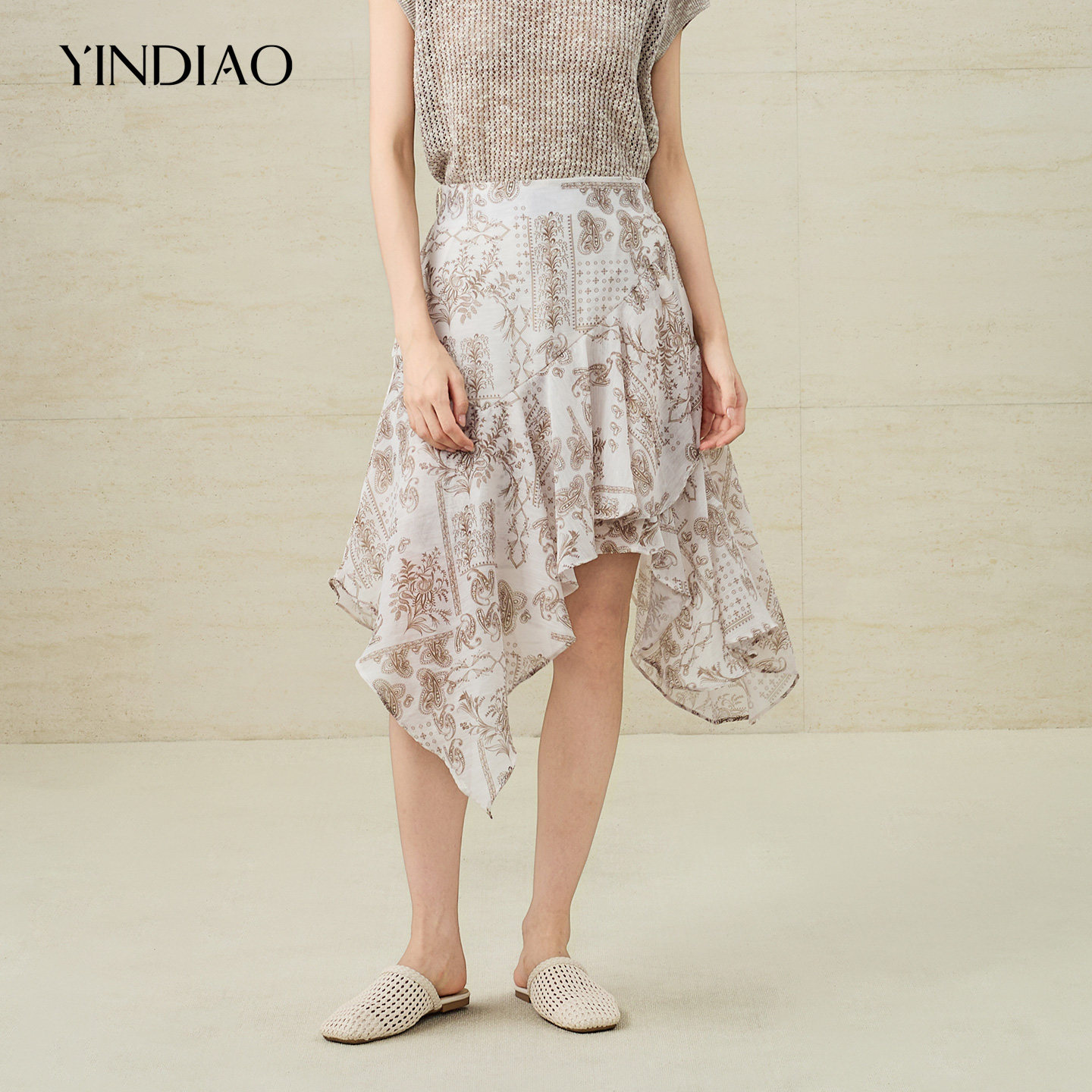 YINDIAO引调印花不规则拼接短裙