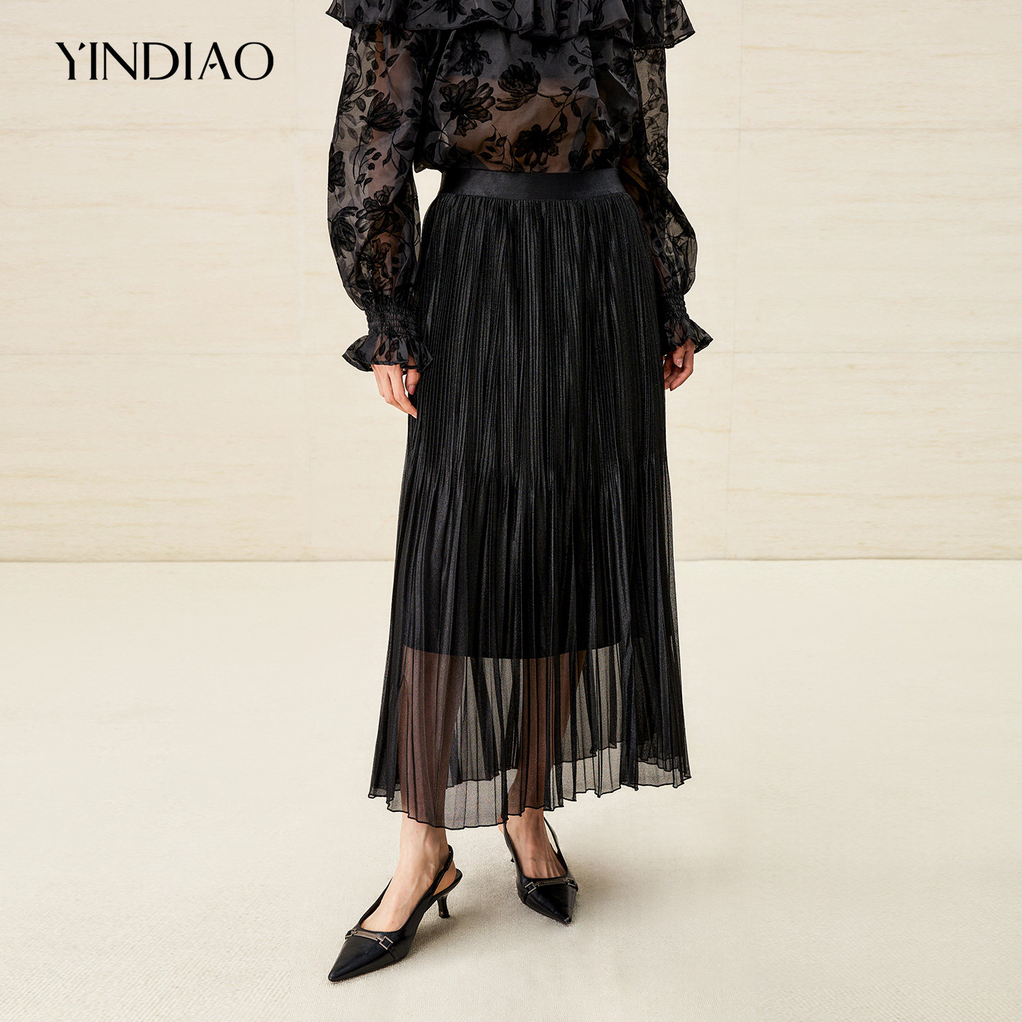YINDIAO引调浪漫压褶网纱半裙