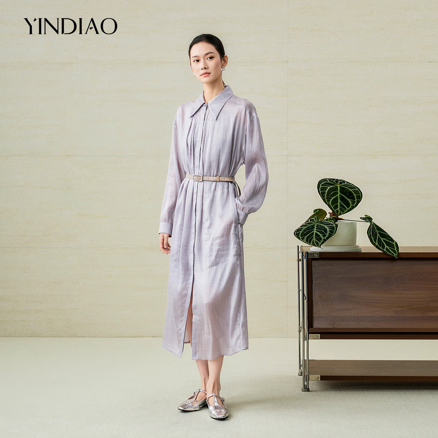 YINDIAO引调莱赛尔配腰带连衣裙