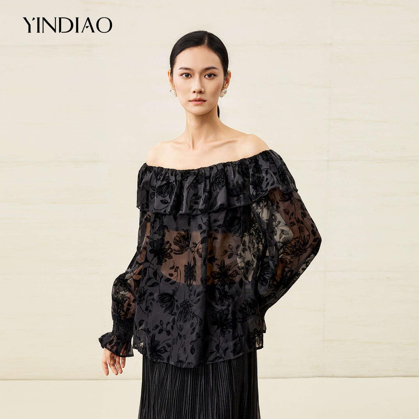 YINDIAO引调法式浪漫植绒花小衫