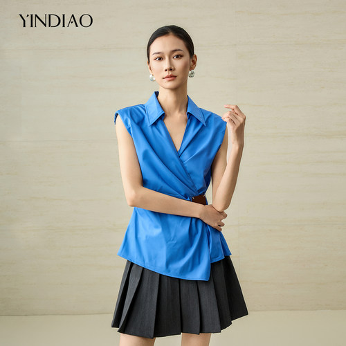 YINDIAO引调V领打褶不对称衬衫