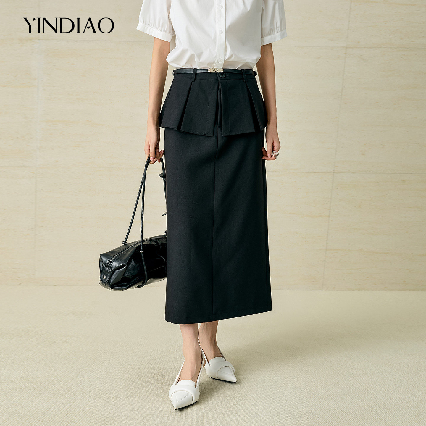YINDIAO引调配腰带拼接净色半裙