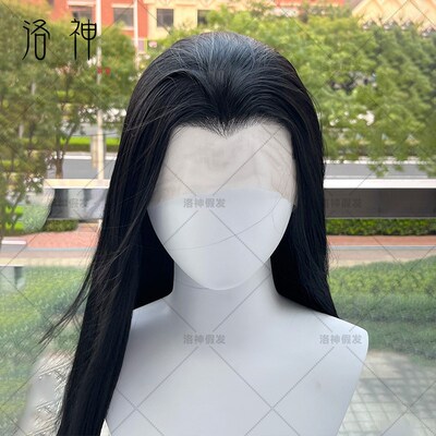 洛神【纯黑三尖】古风手钩假发男13x4蕾丝汉服手勾美人尖加厚400g