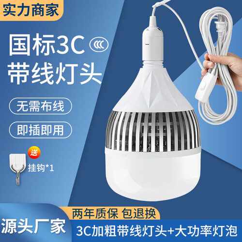 家用带线灯泡大功率E27螺口螺纹LED灯带插头开关节能灯超亮照明灯