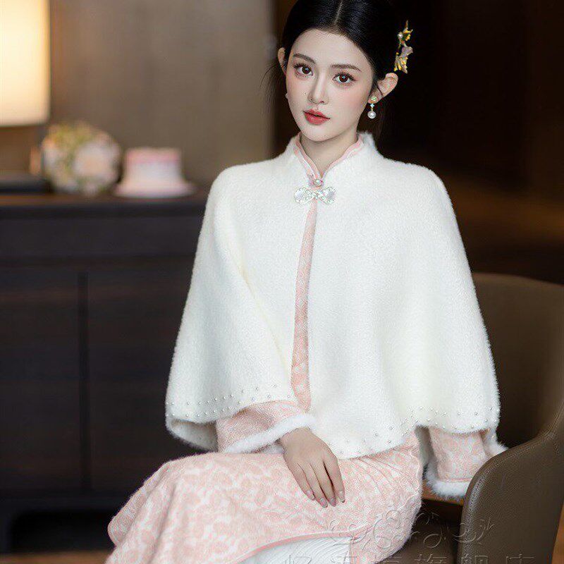 忆语婷新娘结婚披肩白色水貂绒毛毛披肩斗篷开衫配旗袍外搭小坎肩