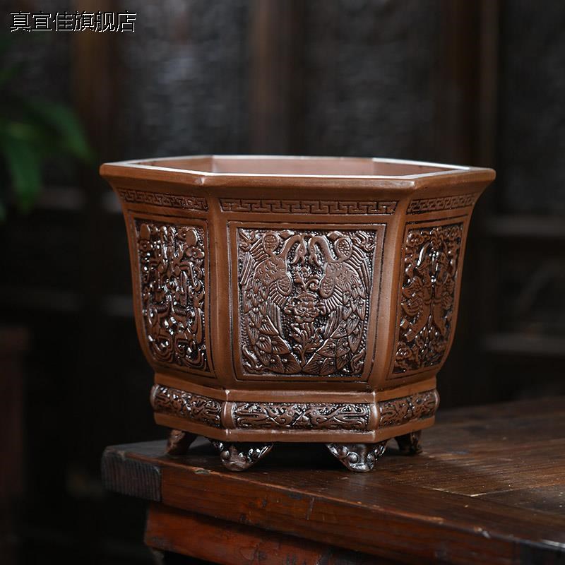 紫砂花盆君子兰花盆仿古浮雕兰花盆多肉绿植盆景花盆陶瓷大号古典
