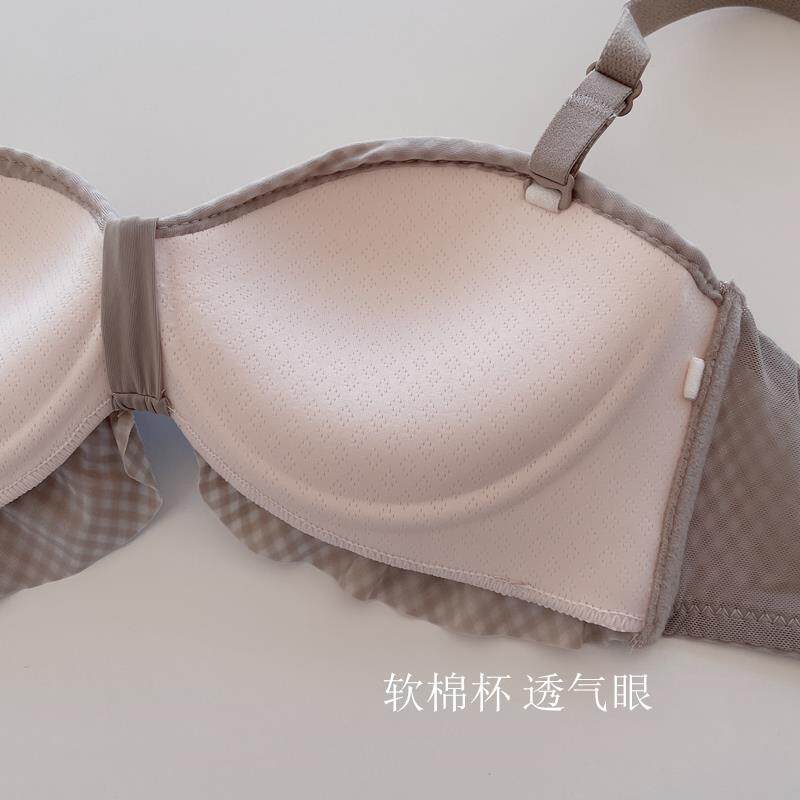 卡布奇诺~日系少女格子内衣聚拢半杯上托小胸显大无钢圈文胸套装