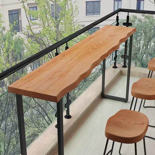 实木吧台桌家用阳台高脚桌椅奶茶店咖啡店专用桌靠墙长条整块桌椅