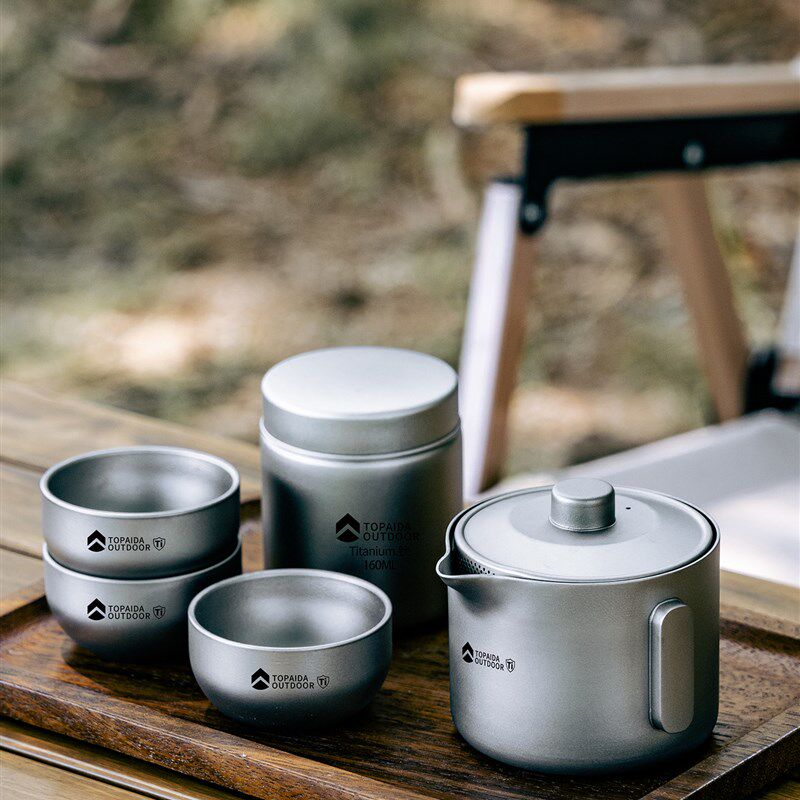 纯钛旅行茶具套装双层防烫钛茶具户外露营钛合金便携泡茶器筷客杯
