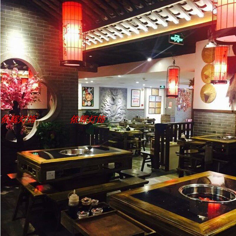 火锅店铁艺鸟笼吊灯带射灯饭店餐厅创意新中式红灯笼灯复古中国风