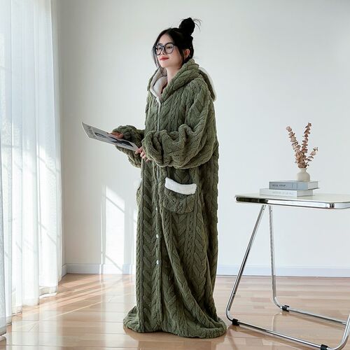 加长款连帽长袍睡衣女200斤冬季大码珊瑚绒睡袍冬天加厚加绒浴袍