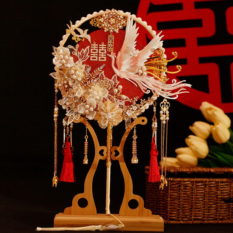 红色新娘团扇结婚秀禾扇子双面成品手工diy材料包古风高级感喜扇