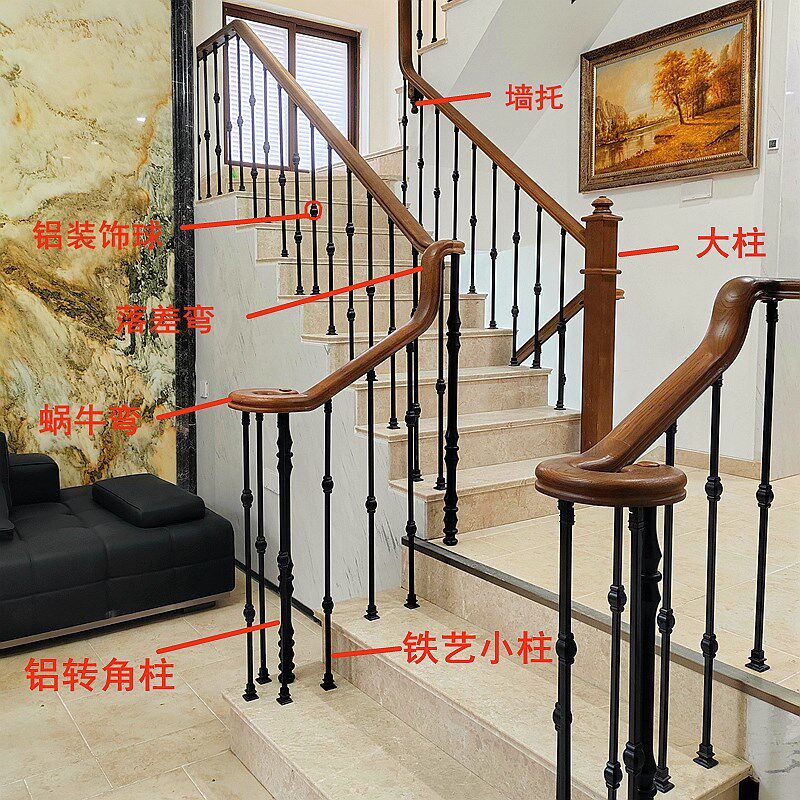 铁艺楼梯扶手自建别墅铝合金实木护栏复式简约立柱法式阳台围栏杆