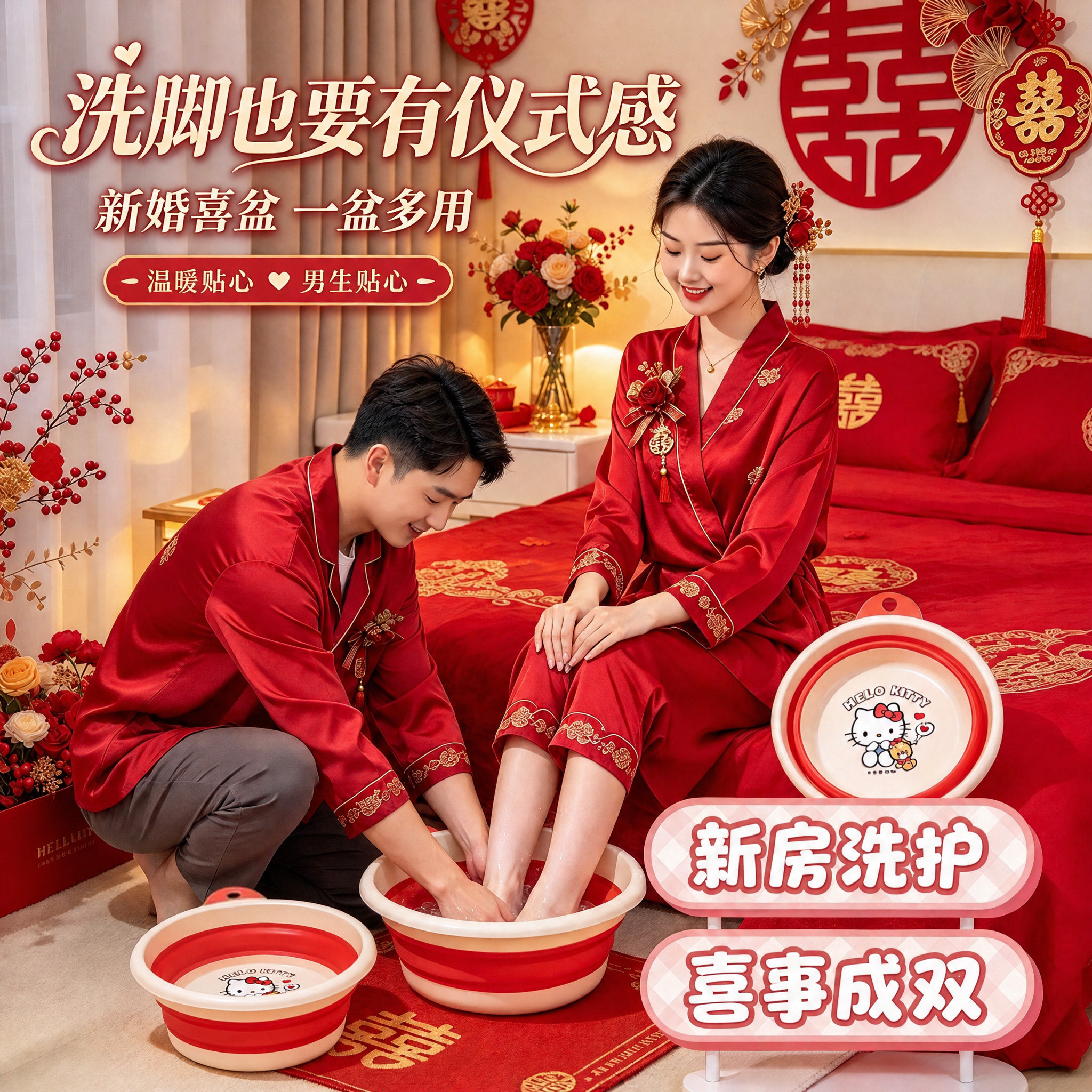 三丽鸥新婚脸盆便携式折叠洗脸盆家用洗脸洗脚洗漱盆朋友喜庆送礼
