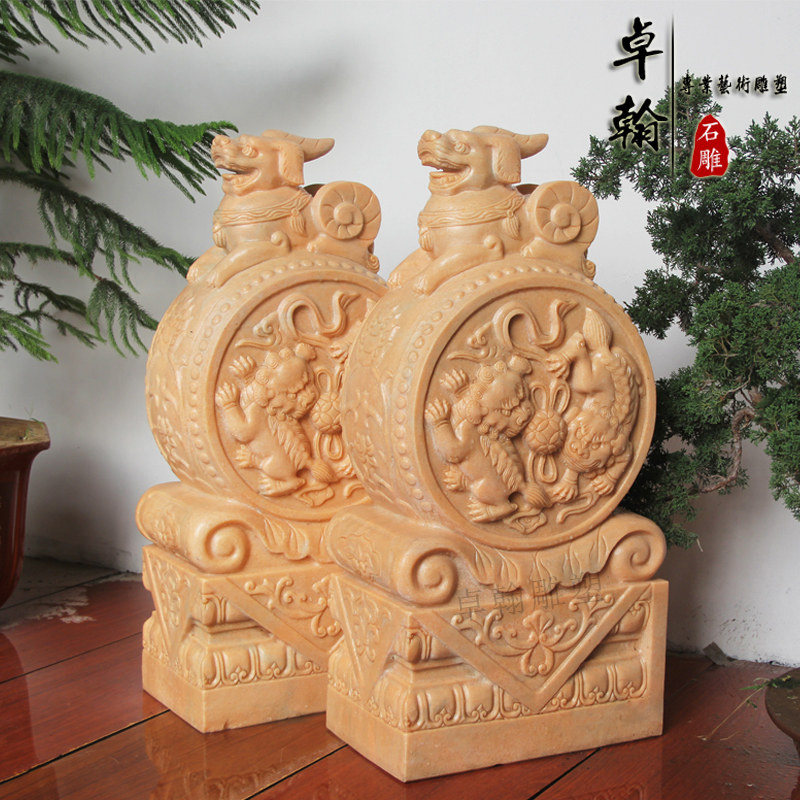 石雕门墩抱鼓石一对汉白玉家用镇宅石鼓门当摆件青石招财貔貅门鼓