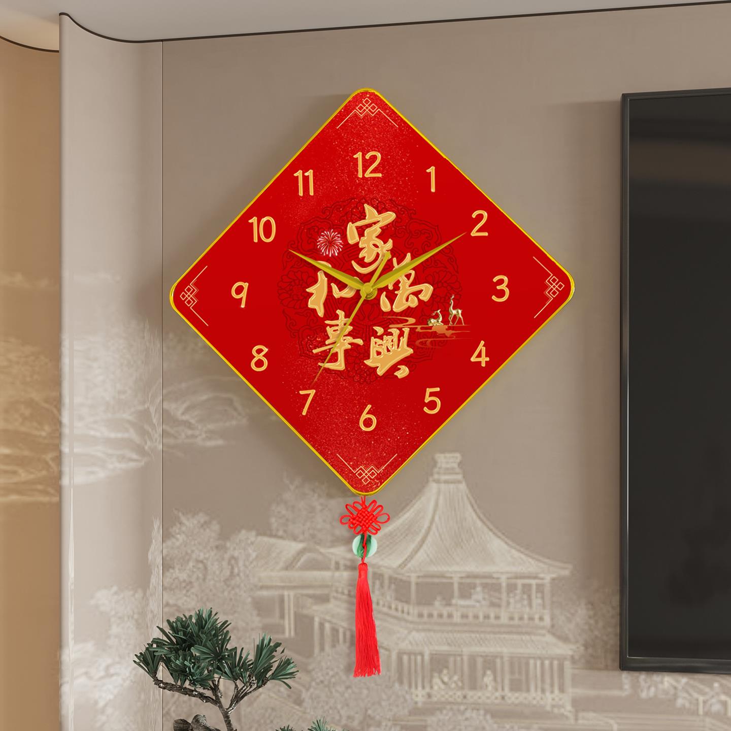 中国风新款钟表挂墙客厅挂钟静音钟家用时钟餐厅创意装饰画石英钟