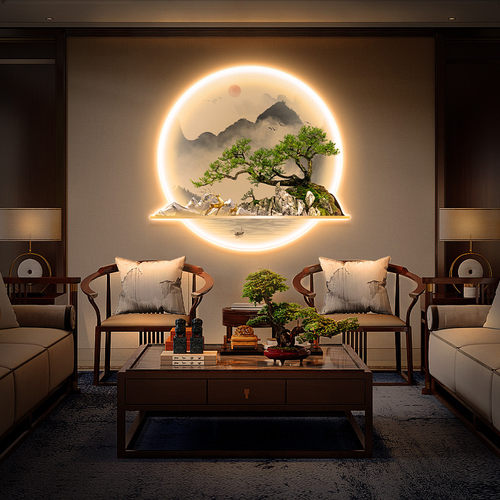 新中式玄关装饰画迎客松灯画高级感氛围客厅壁画入户进门餐厅挂画