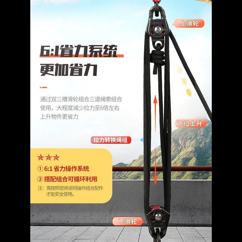 6比1省力系统套装高楼吊装吊物提拉起重上下滑轮组合上升器