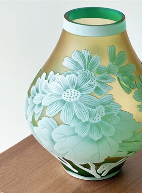 Galle葛蕾手绘浮雕中古琉璃花瓶家居艺术玻璃花器轻奢摆件送礼品