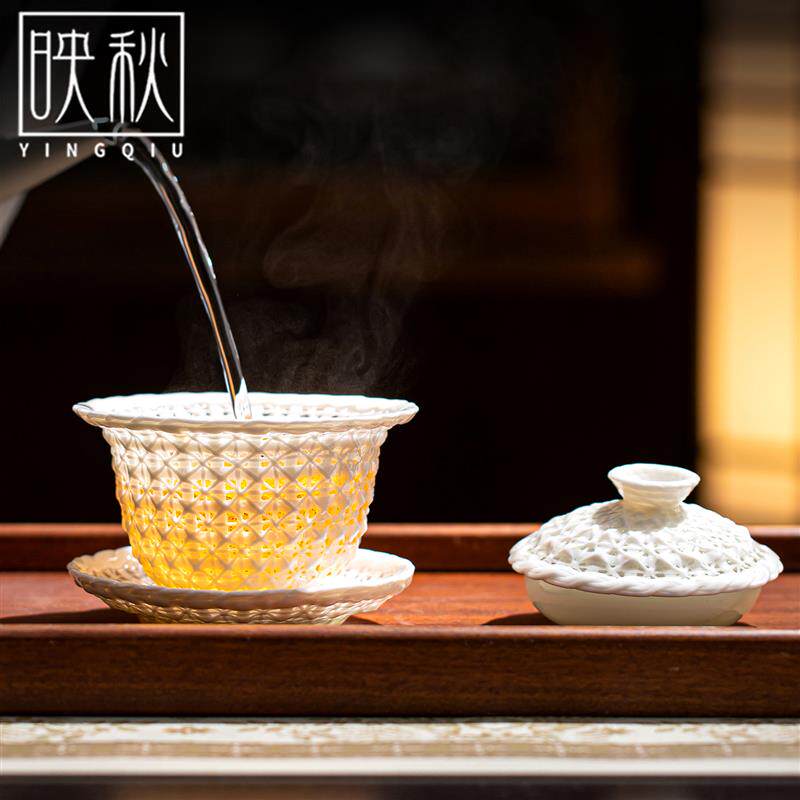 德化白瓷大师纯手工瓷编玲珑三才盖碗陶瓷家用办公泡茶碗功夫茶具