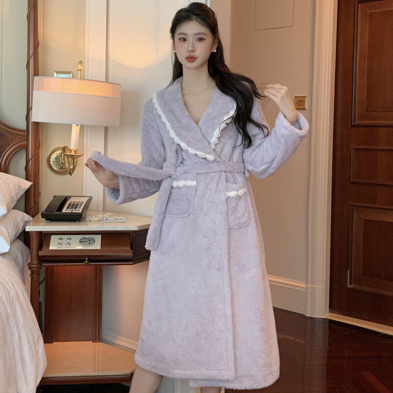 女款睡袍冬季加厚高级珊瑚绒双面绒睡衣女2024新款秋冬浴袍睡裙冬