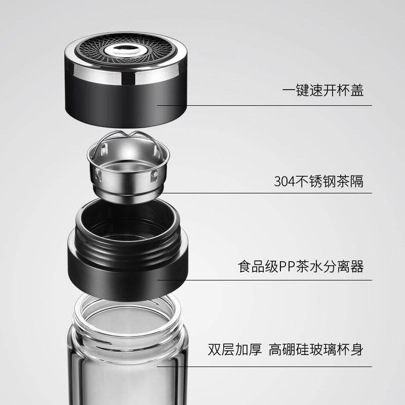 高硼硅玻璃杯泡茶水杯高贵双层耐高温车载速开杯茶杯分离杯玻璃杯