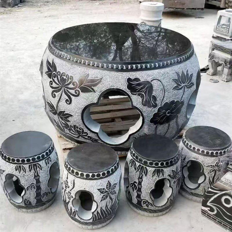 石桌石凳中式庭院圆鼓桌椅一套花园天然青石仿古棋盘石桌石凳户外