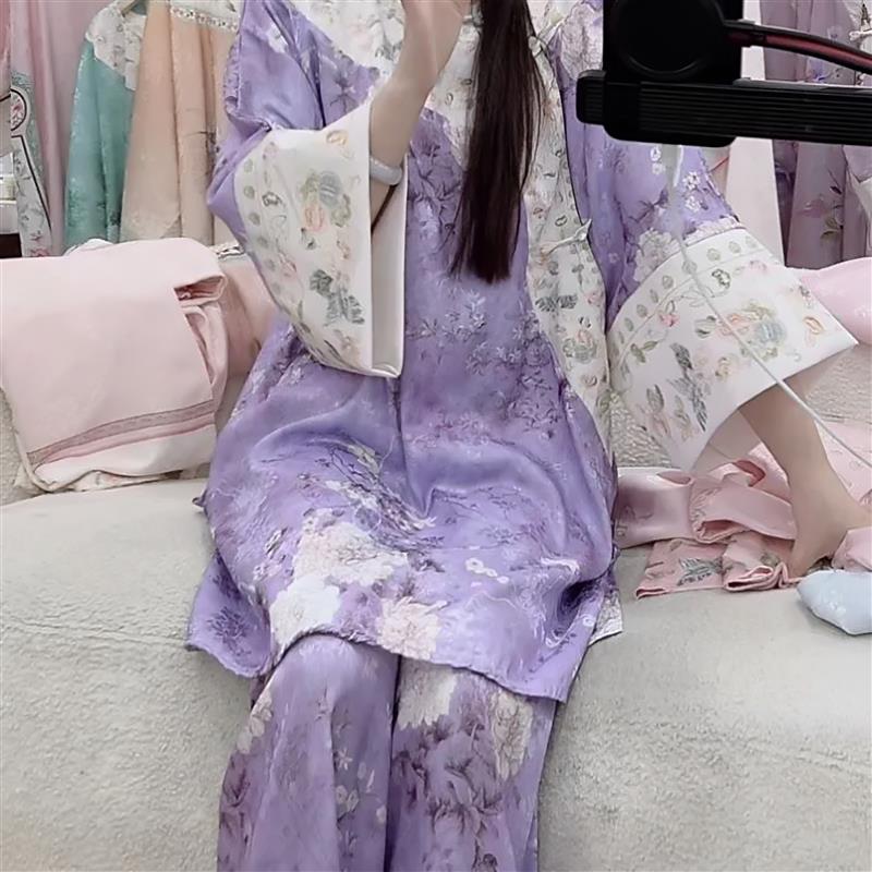 【紫韵繁花】新中式睡衣冰丝国风古装宫廷古风夏季女士家居服套装